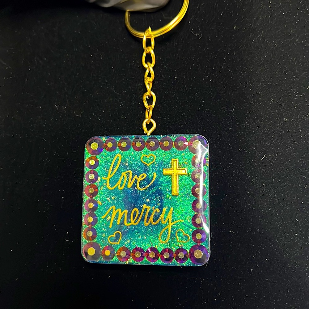 Resin keychain: “Love + Mercy”